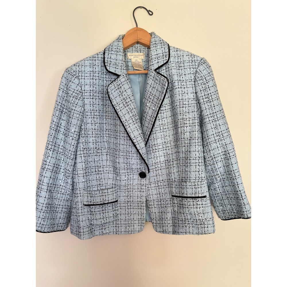 Worthington Petite Light Blue Tweed Blazer Metallic Trim Jacket 10P